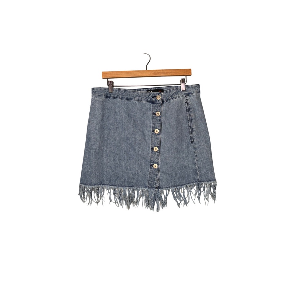 3x1 Womens Denim Mini Skirt Large Blue Fringe Button Front Boho Cowgirl Festival